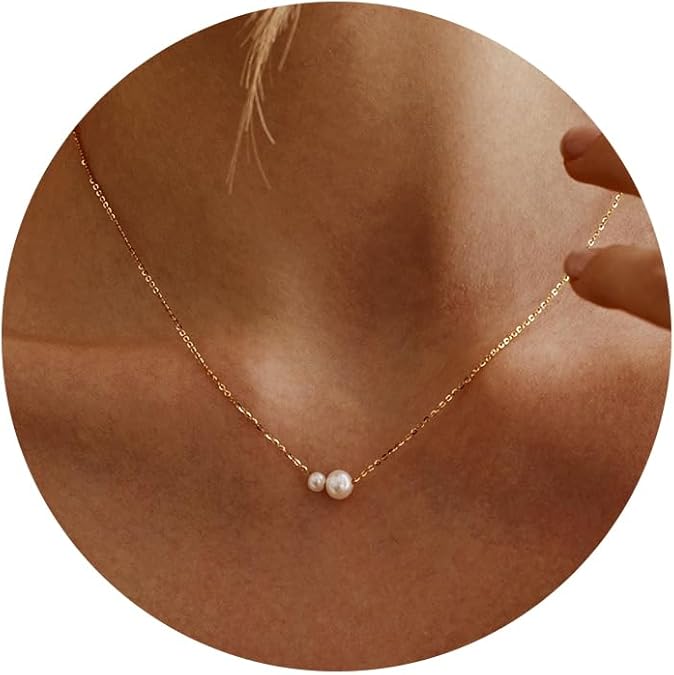 Pearl Necklaces for Women ，14k Gold Plated Dainty Necklace Simple Pearl Single Charm Pendant Necklace -Double Pearl Necklace