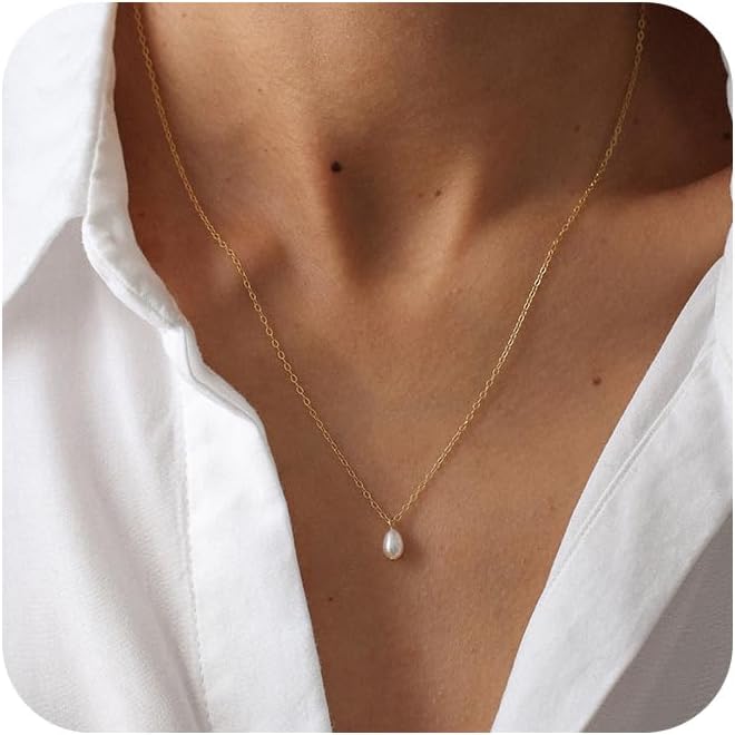 Pearl Necklaces for Women ，14k Gold Plated Dainty Necklace Simple Pearl Single Charm Pendant Necklace -Irregularly-Single-Necklace