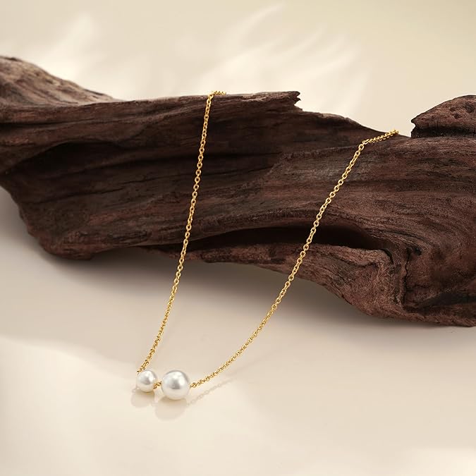 Pearl Necklaces for Women ，14k Gold Plated Dainty Necklace Simple Pearl Single Charm Pendant Necklace -Double Pearl Necklace