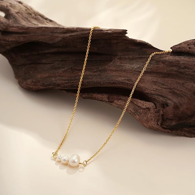 Pearl Necklaces for Women ，14k Gold Plated Dainty Necklace Simple Pearl Single Charm Pendant Necklace -Three-Pearl-Necklace