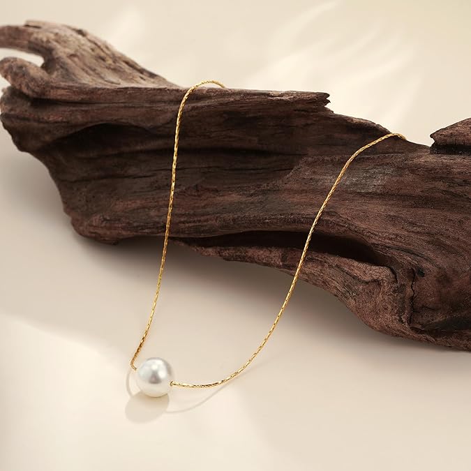 Pearl Necklaces for Women ，14k Gold Plated Dainty Necklace Simple Pearl Single Charm Pendant Necklace -Round-Single-Necklace