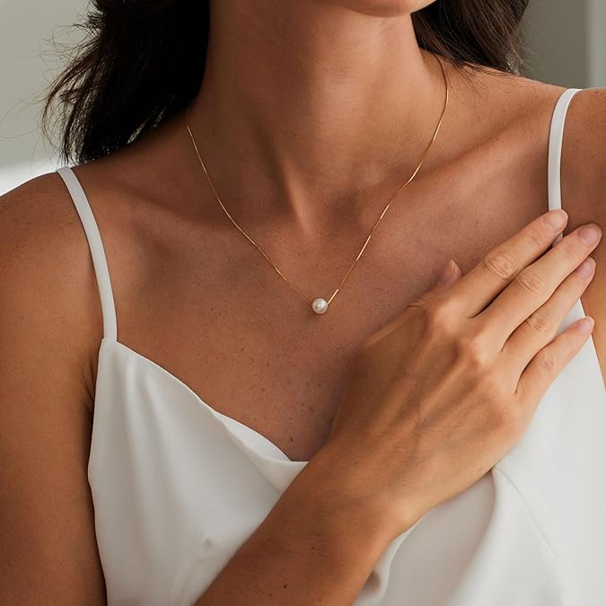 Pearl Necklaces for Women ，14k Gold Plated Dainty Necklace Simple Pearl Single Charm Pendant Necklace -Round-Single-Necklace