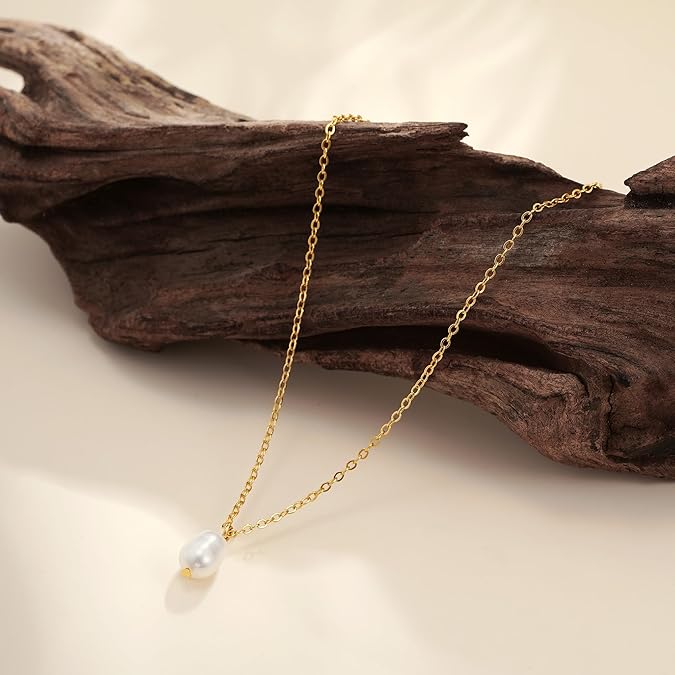 Pearl Necklaces for Women ，14k Gold Plated Dainty Necklace Simple Pearl Single Charm Pendant Necklace -Irregularly-Single-Necklace