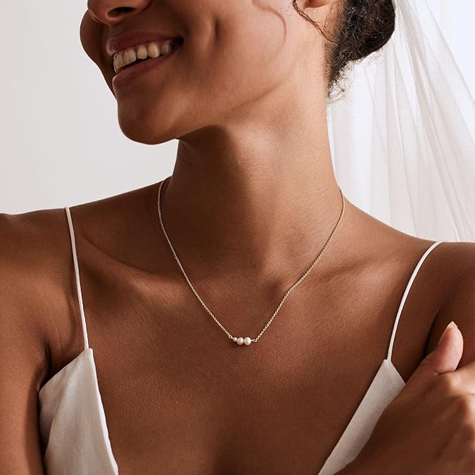 Pearl Necklaces for Women ，14k Gold Plated Dainty Necklace Simple Pearl Single Charm Pendant Necklace -Three-Pearl-Necklace