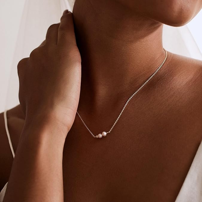Pearl Necklaces for Women ，14k Gold Plated Dainty Necklace Simple Pearl Single Charm Pendant Necklace -Three-Pearl-Necklace