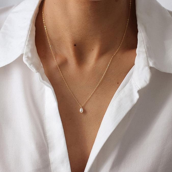Pearl Necklaces for Women ，14k Gold Plated Dainty Necklace Simple Pearl Single Charm Pendant Necklace -Irregularly-Single-Necklace